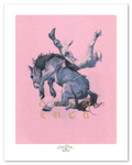 A cowboy thrown from a bucking bronc, blue figures on a pink ground, by Chris Broy