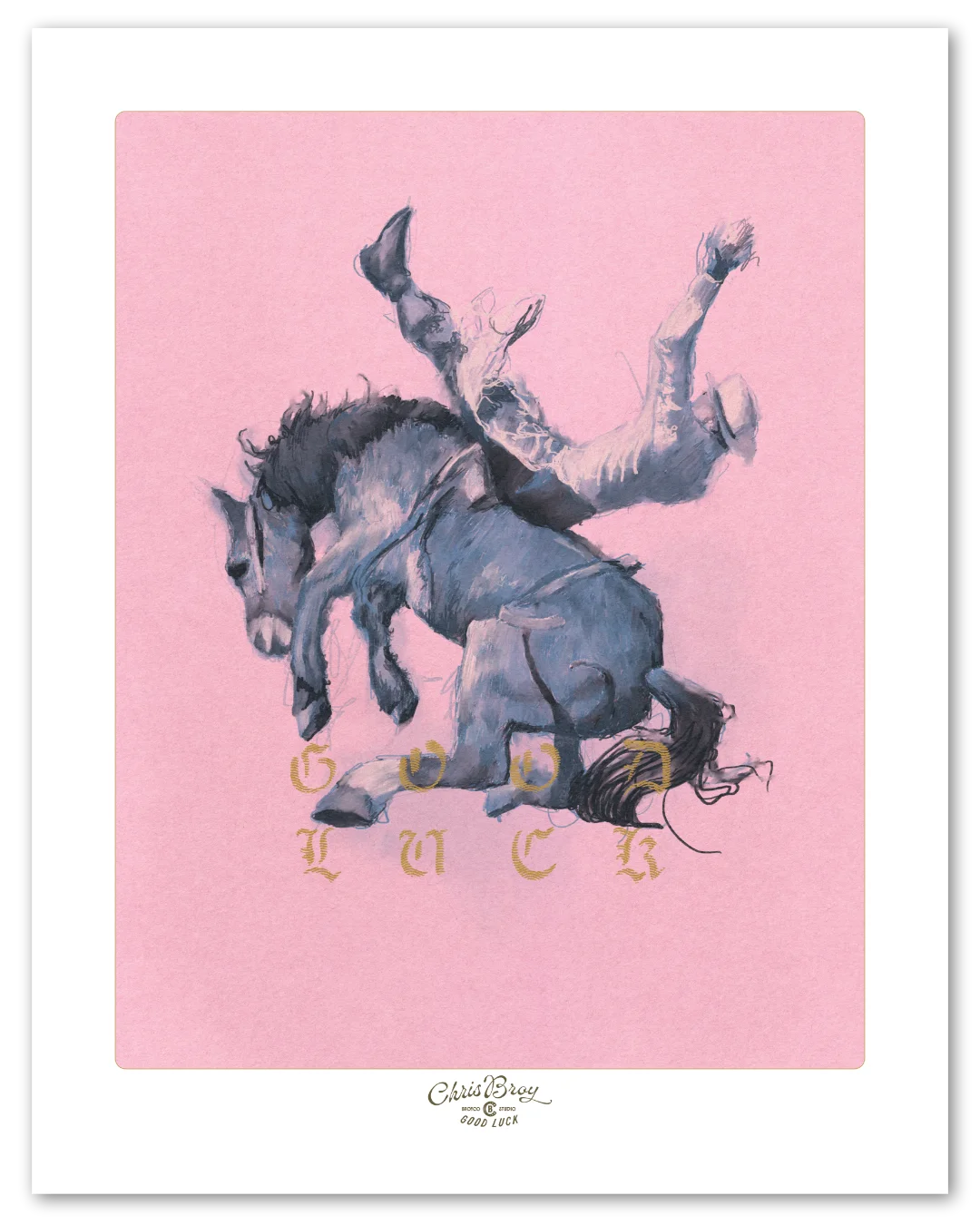 A cowboy thrown from a bucking bronc, blue figures on a pink ground, by Chris Broy