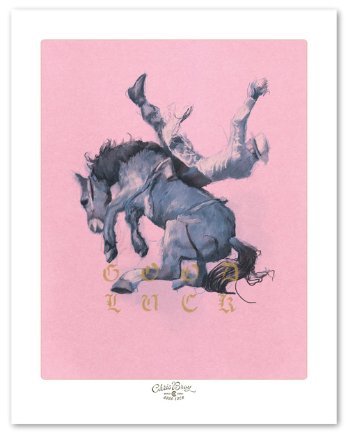 A cowboy thrown from a bucking bronc, blue figures on a pink ground, by Chris Broy