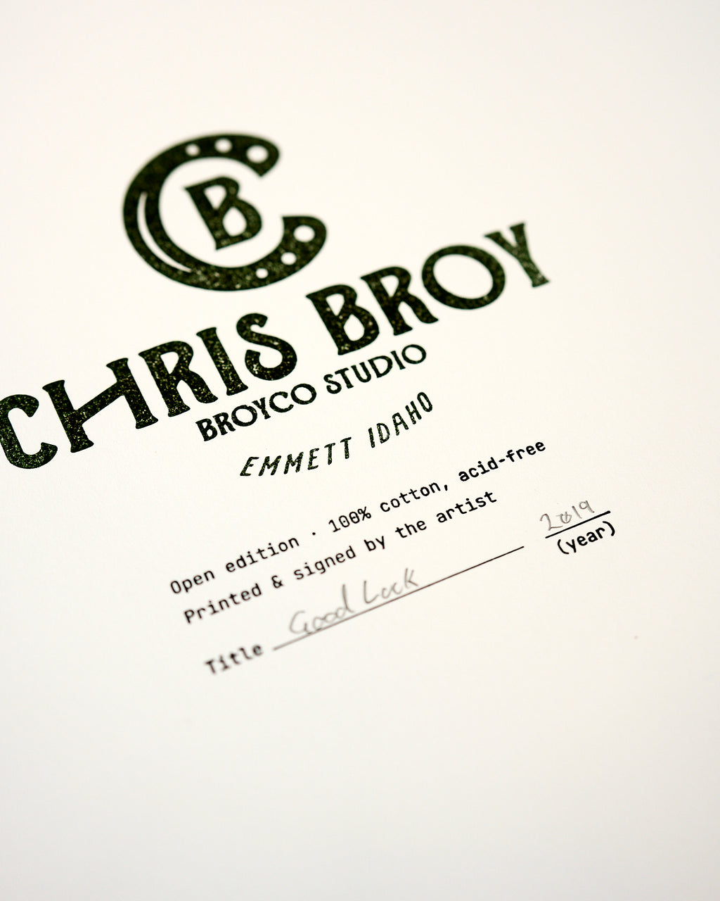 A close detail of the Good Luck print on cotton paper, by Chris Broy