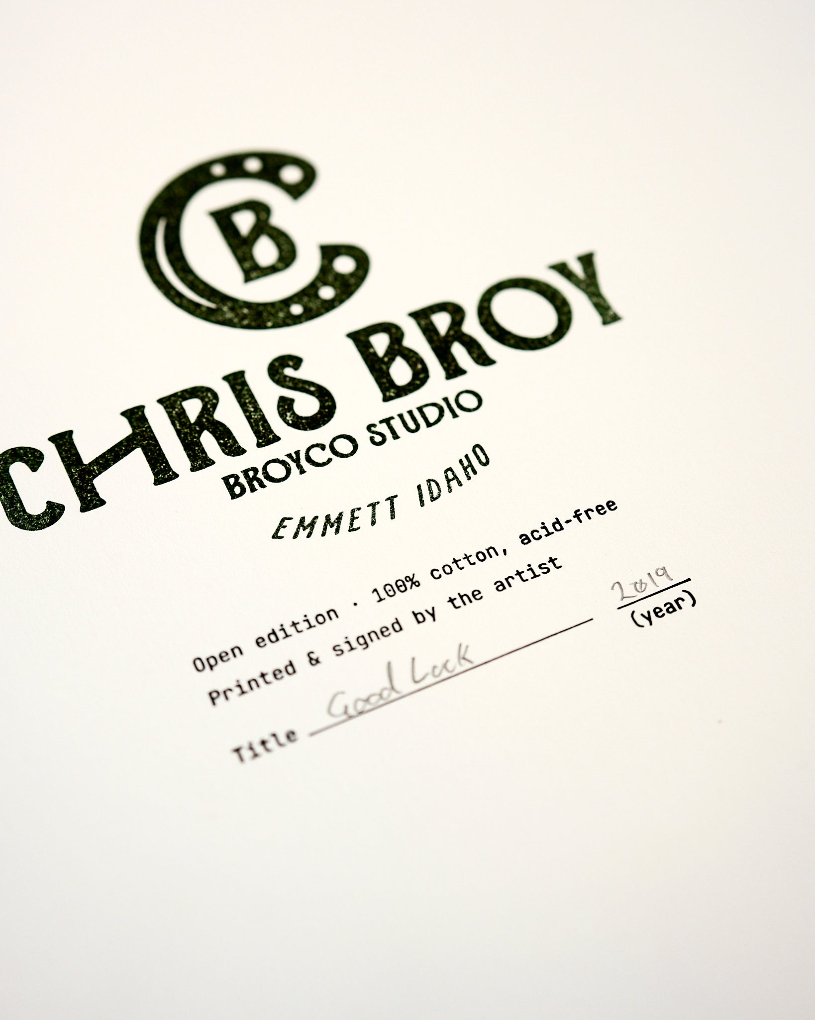 A close detail of the Good Luck print on cotton paper, by Chris Broy