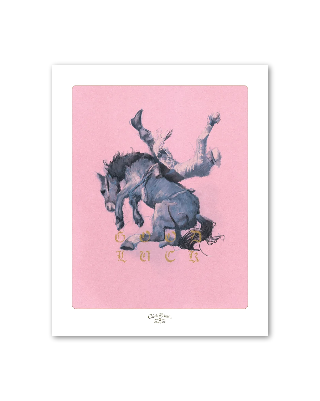 A cowboy thrown from a bucking bronc, blue figures on a pink ground, by Chris Broy
