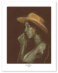 A woman in a cowboy hat under hard noon light, painted by Chris Broy