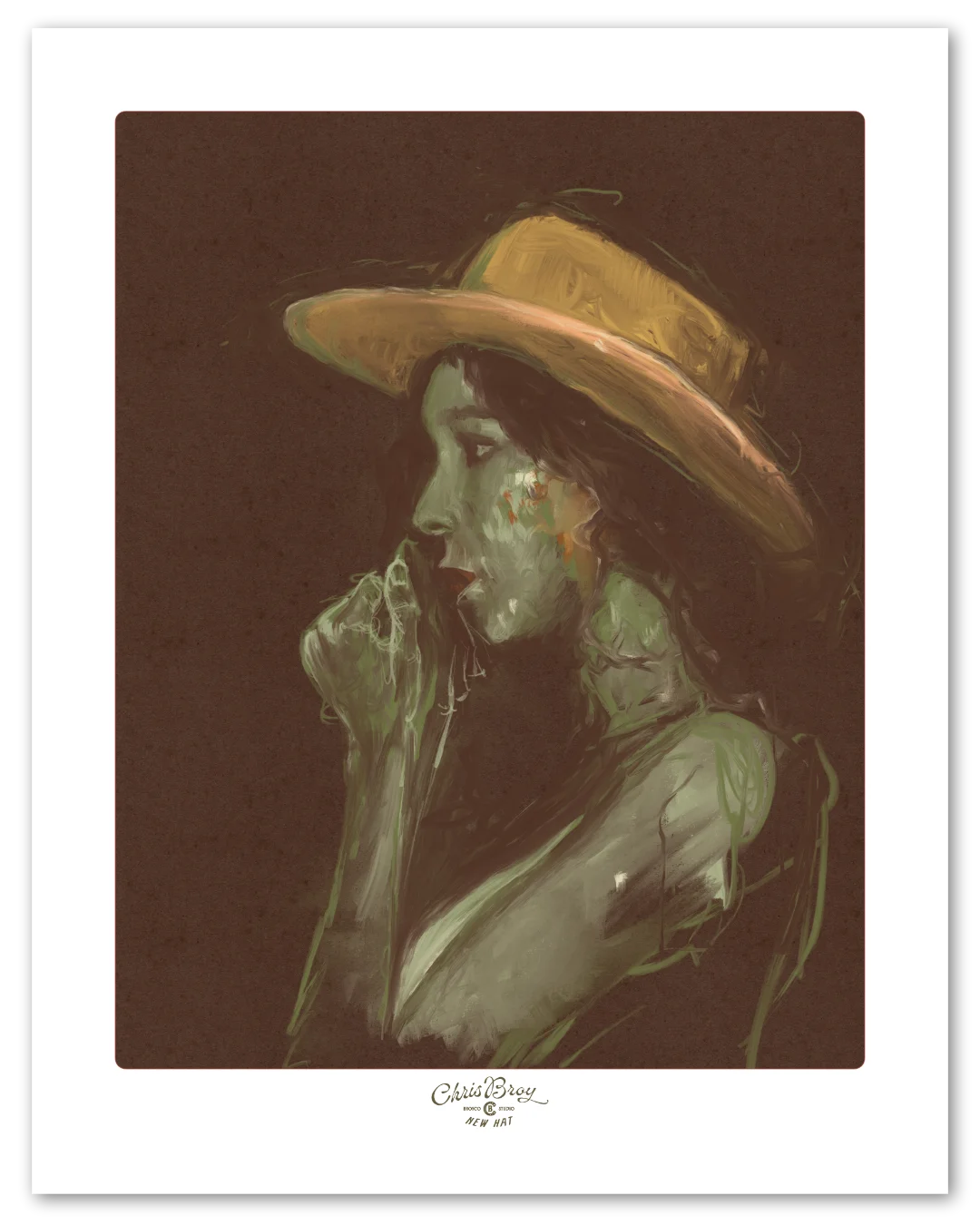 A woman in a cowboy hat under hard noon light, painted by Chris Broy