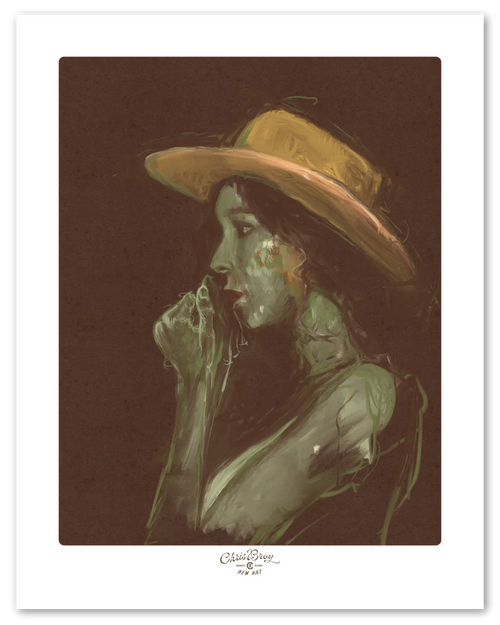 A woman in a cowboy hat under hard noon light, painted by Chris Broy