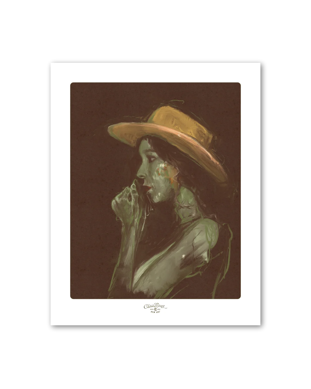 A woman in a cowboy hat under hard noon light, painted by Chris Broy