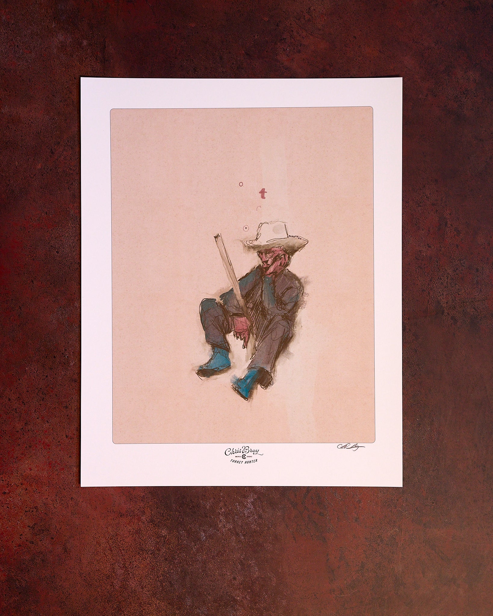 The Turkey Hunter print shown as a flat-lay, by Chris Broy