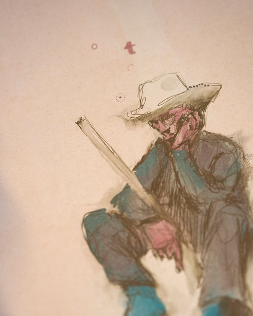 A close detail of the Turkey Hunter print on cotton paper, by Chris Broy