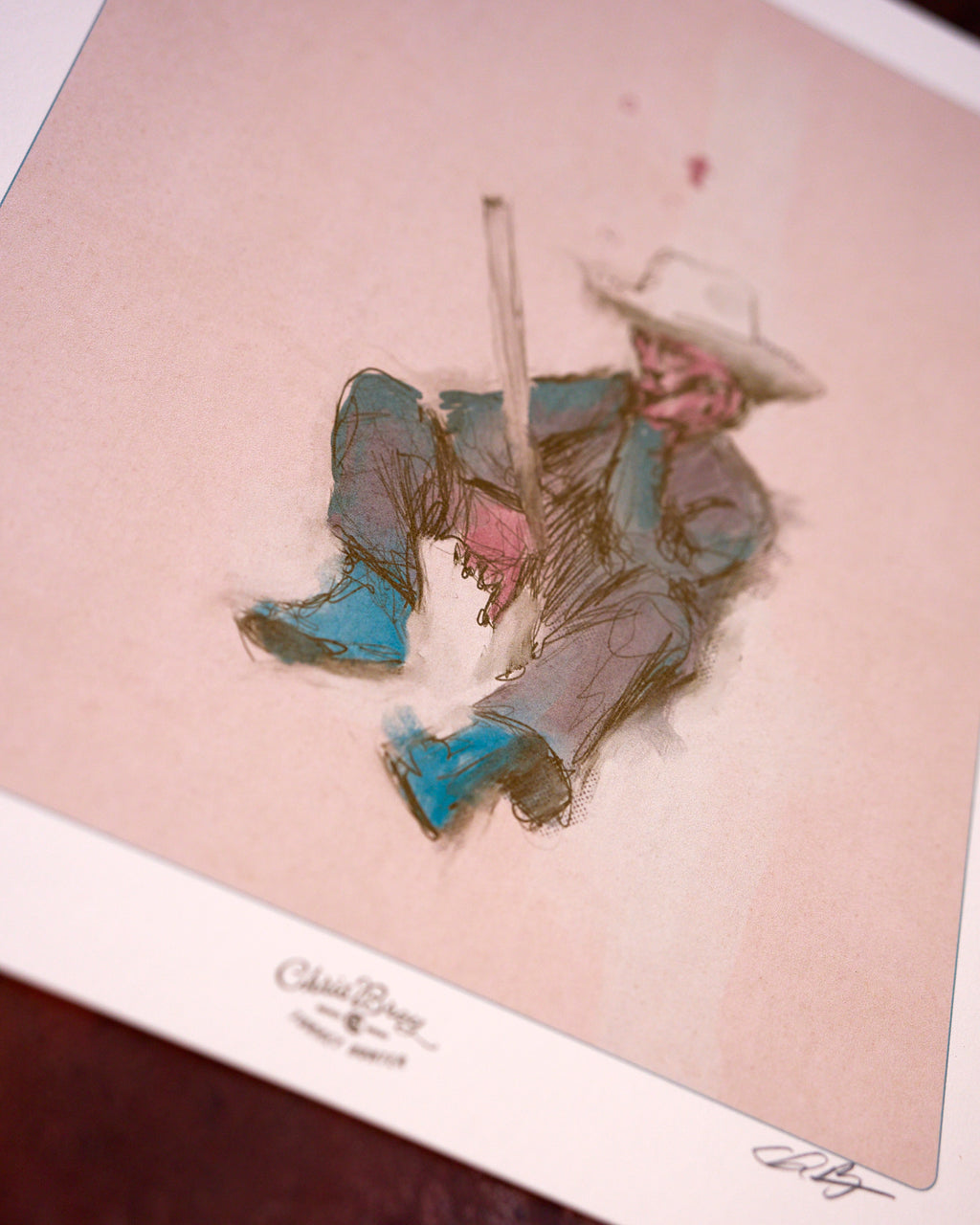A close detail of the Turkey Hunter print on cotton paper, by Chris Broy