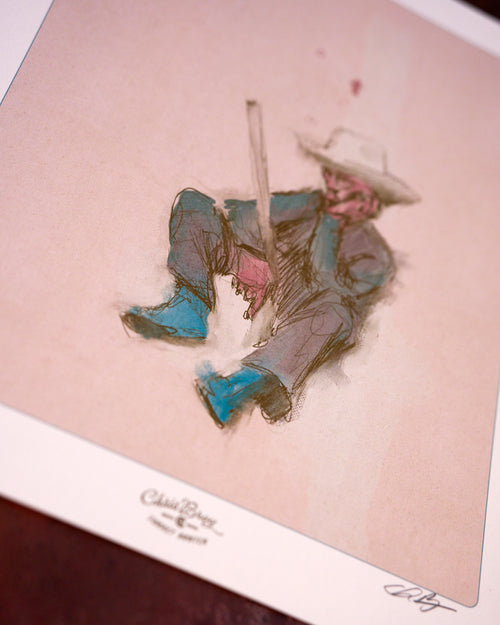 A close detail of the Turkey Hunter print on cotton paper, by Chris Broy
